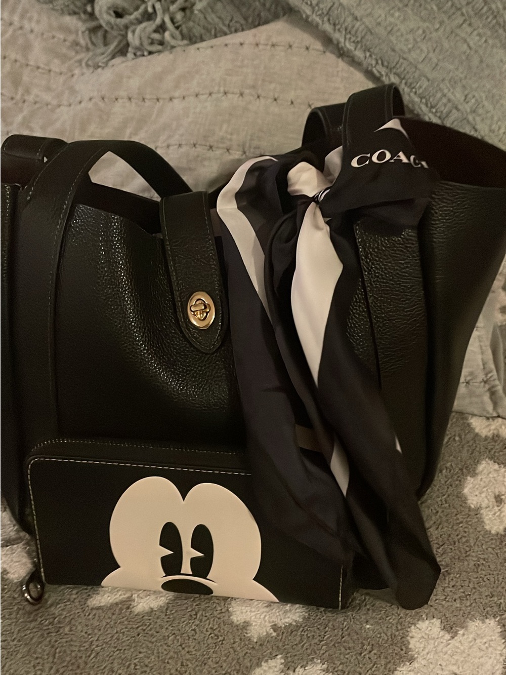 Coach Black Pebbled Leather Tote with Mickey Graphic Wallet & Mickey Silk scarf.